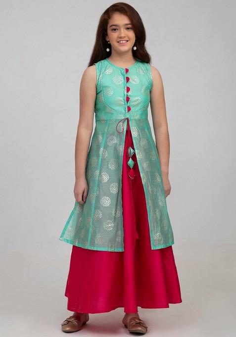 Sea Green Printed Lehenga With Blouse (Set of 2)