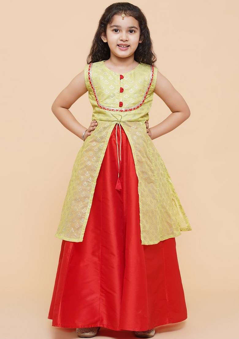 Lime Green And Red Printed Lehenga With Blouse (Set of 2) - Indya