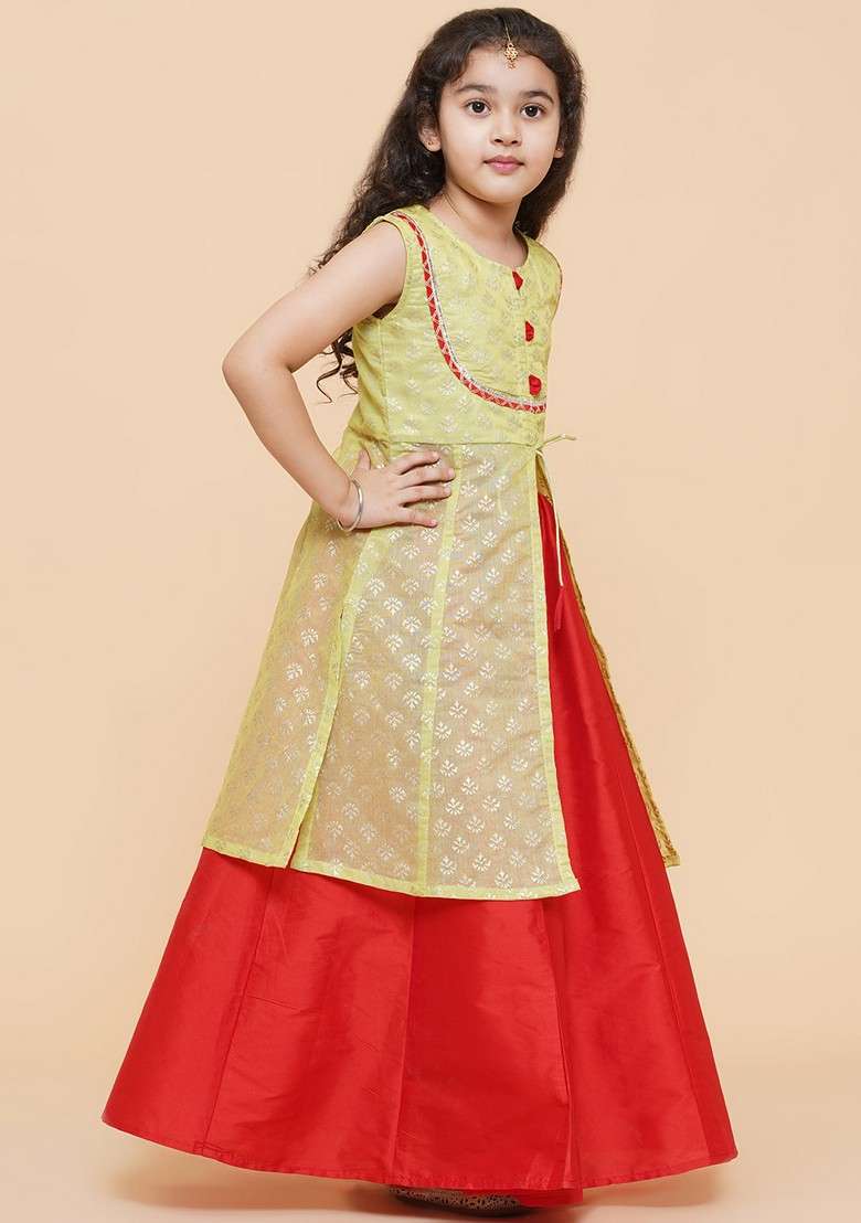 Lime Green And Red Printed Lehenga With Blouse (Set of 2) - Indya