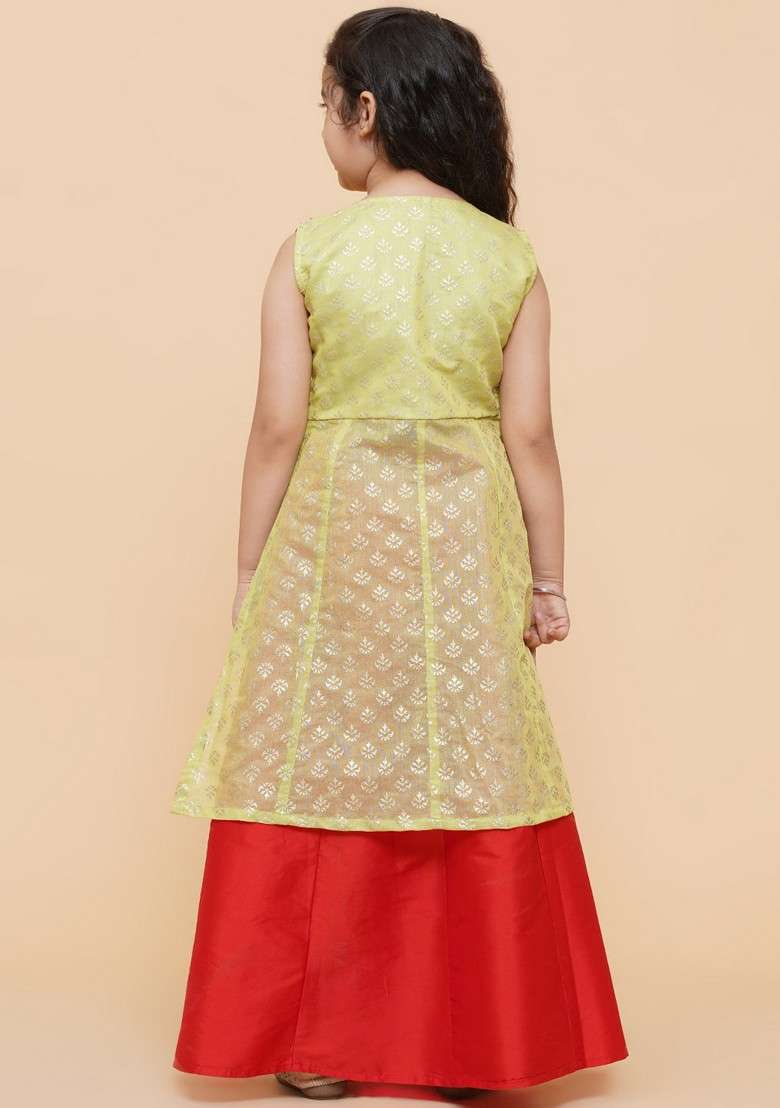 Lime Green And Red Printed Lehenga With Blouse (Set of 2) - Indya