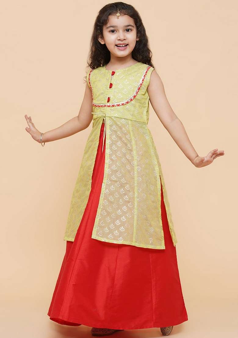 Lime Green And Red Printed Lehenga With Blouse (Set of 2) - Indya