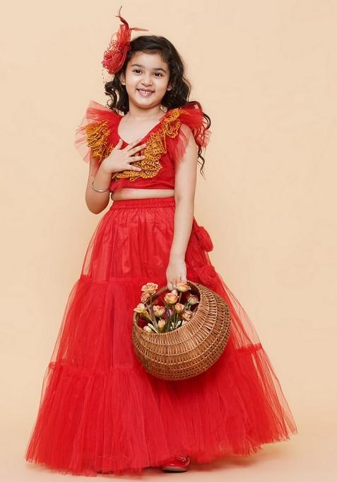 Red Embroidered Lehenga With Blouse (Set of 2)