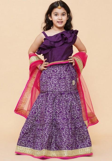 Purple Printed Lehenga With Blouse And Dupatta (Set of 3)