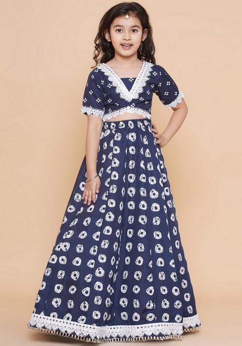 Navy Blue Printed Lehenga With Blouse (Set of 2)