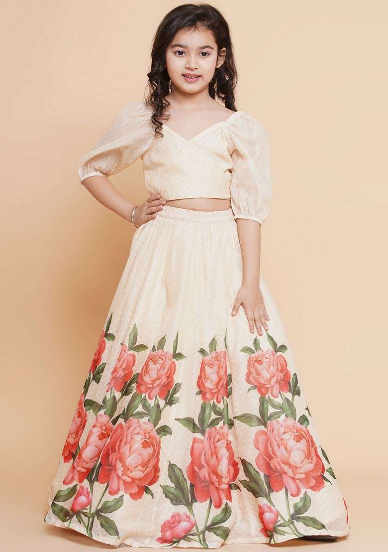 Beige Printed Lehenga With Blouse (Set of 2) - Indya