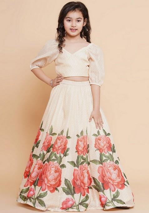 Beige Printed Lehenga With Blouse (Set of 2)