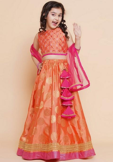 Peach Embroidered Lehenga With Blouse And Dupatta (Set of 3)