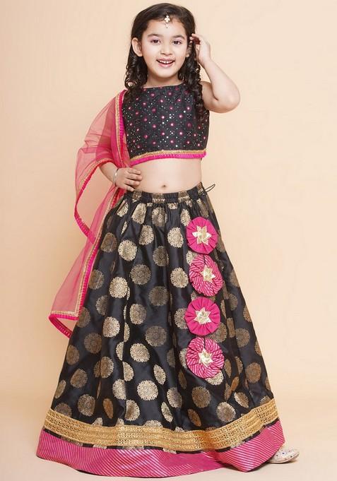 Black Embroidered Lehenga With Blouse And Dupatta (Set of 3)