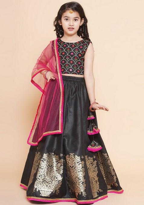 Black Printed Lehenga With Blouse And Dupatta (Set of 3)