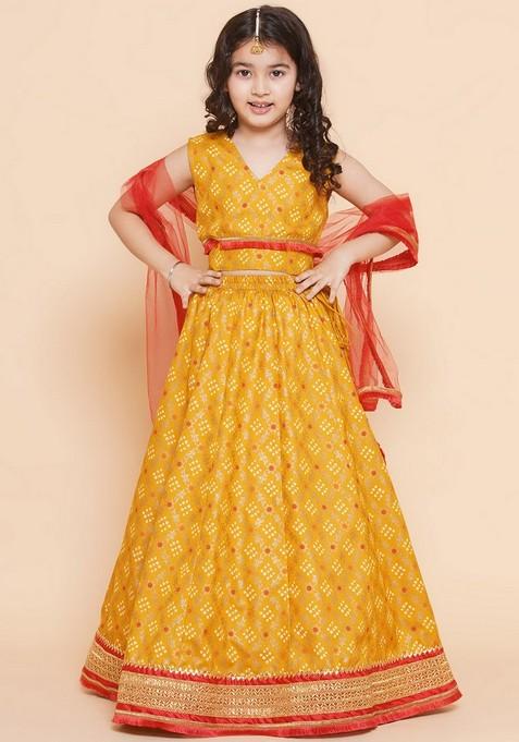 Yellow Printed Lehenga With Blouse And Dupatta (Set of 3)