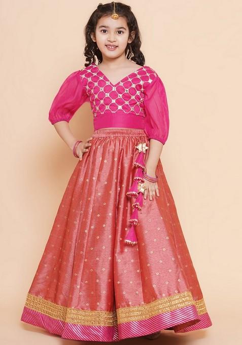 Pink Embroidered Lehenga With Blouse (Set of 2)