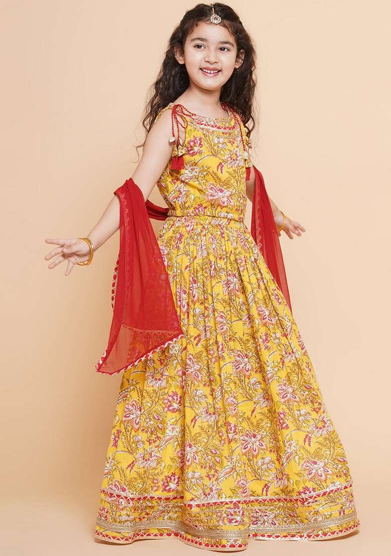 Yellow Printed Lehenga With Blouse And Dupatta (Set of 3) - Indya