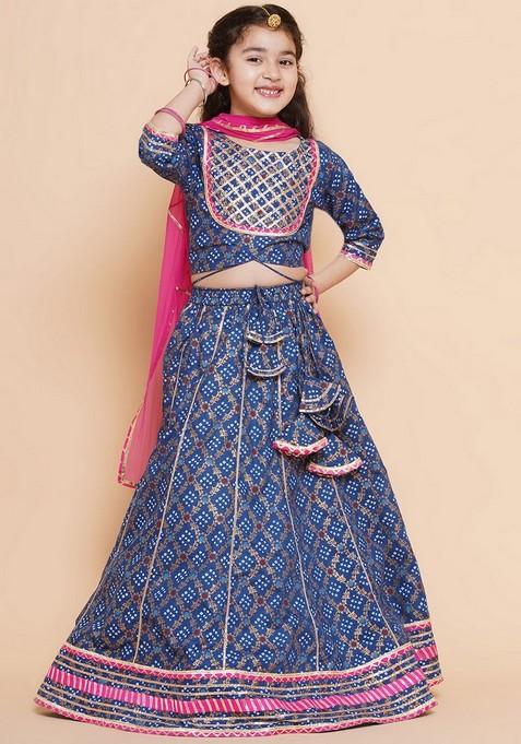 Blue Printed Lehenga With Blouse And Dupatta (Set of 3)