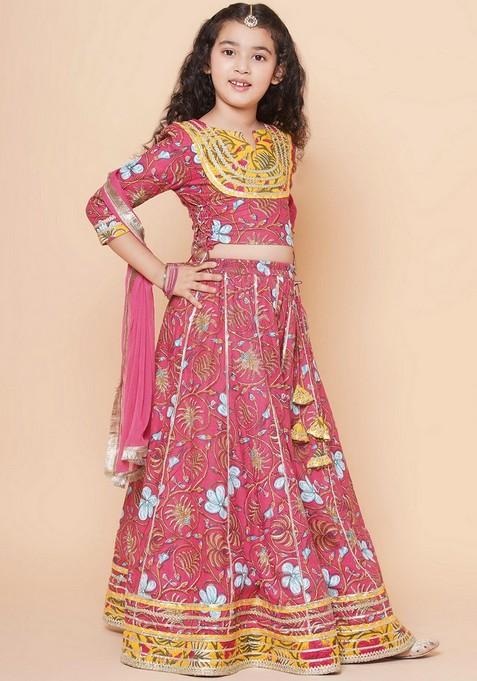 Pink Printed Lehenga With Blouse And Dupatta (Set of 3)