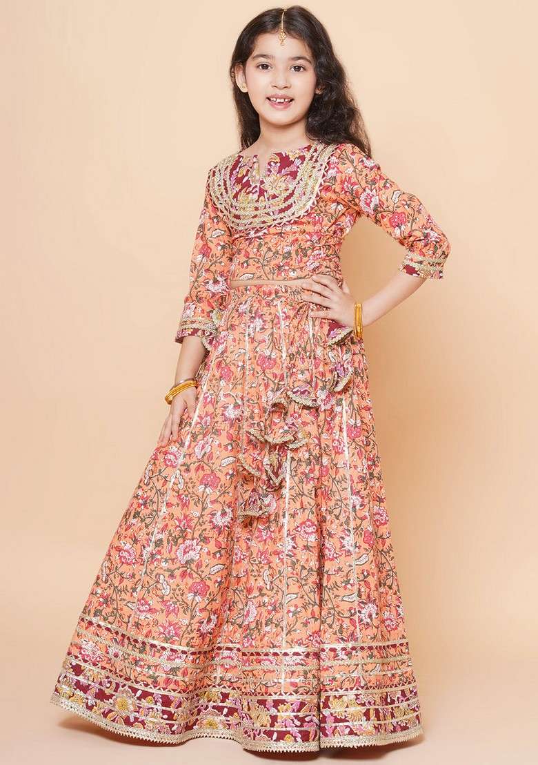 Peach Printed Lehenga With Blouse And Dupatta (Set of 3) - Indya