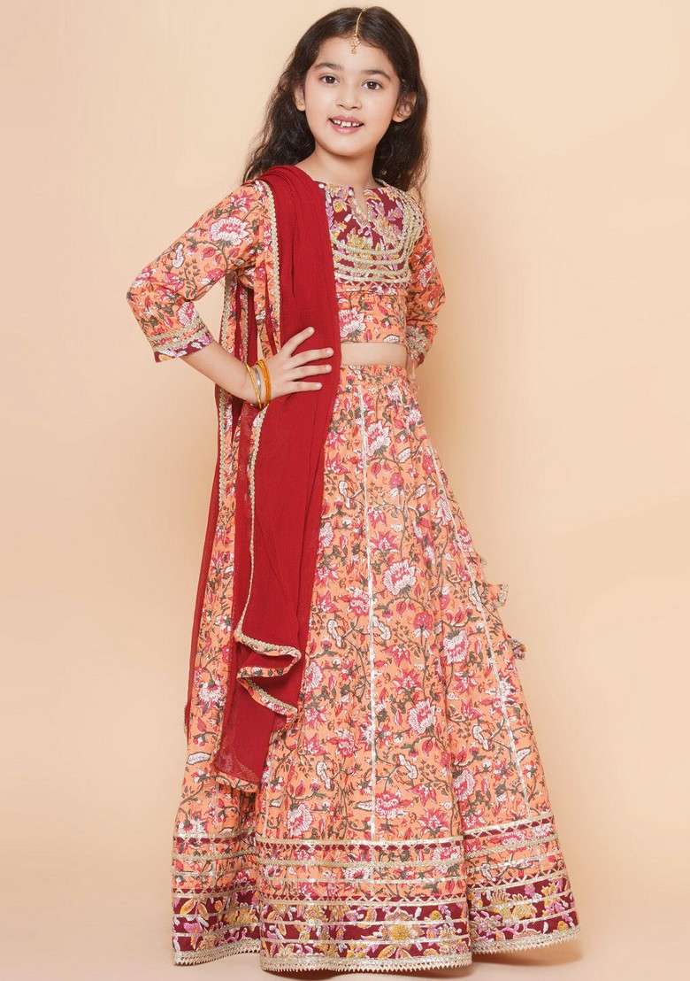Peach Printed Lehenga With Blouse And Dupatta (Set of 3) - Indya