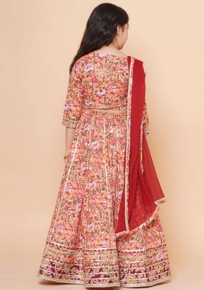 Peach Printed Lehenga With Blouse And Dupatta (Set of 3) - Indya