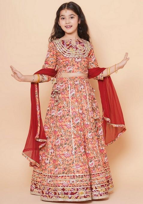 Peach Printed Lehenga With Blouse And Dupatta (Set of 3)