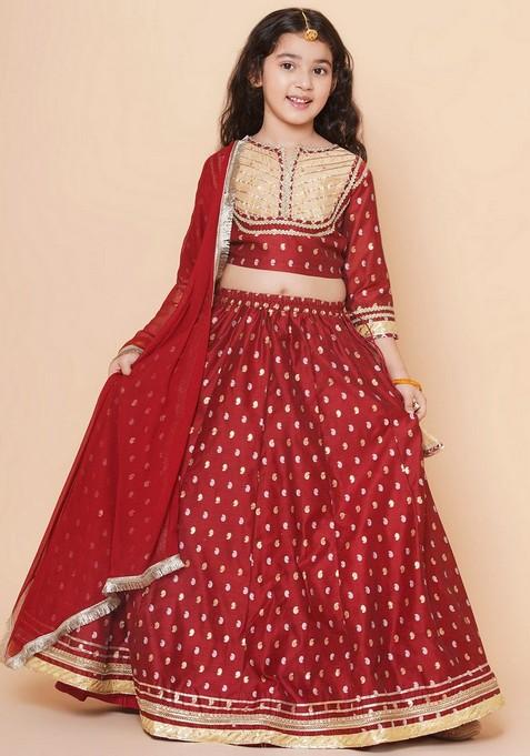 Maroon Jacquard Lehenga With Blouse And Dupatta (Set of 3)