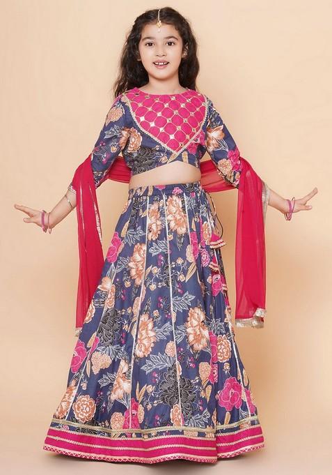 Blue Printed Lehenga With Blouse And Dupatta (Set of 3)