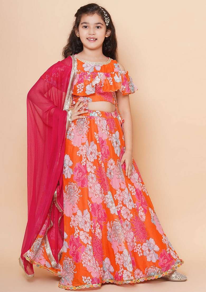 Orange Printed Lehenga With Blouse And Dupatta (Set of 3) - Indya