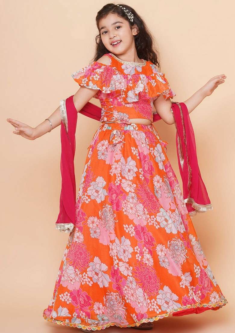 Orange Printed Lehenga With Blouse And Dupatta (Set of 3) - Indya