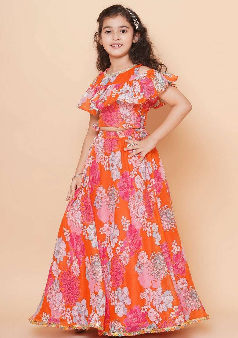 Orange Printed Lehenga With Blouse And Dupatta (Set of 3) - Indya
