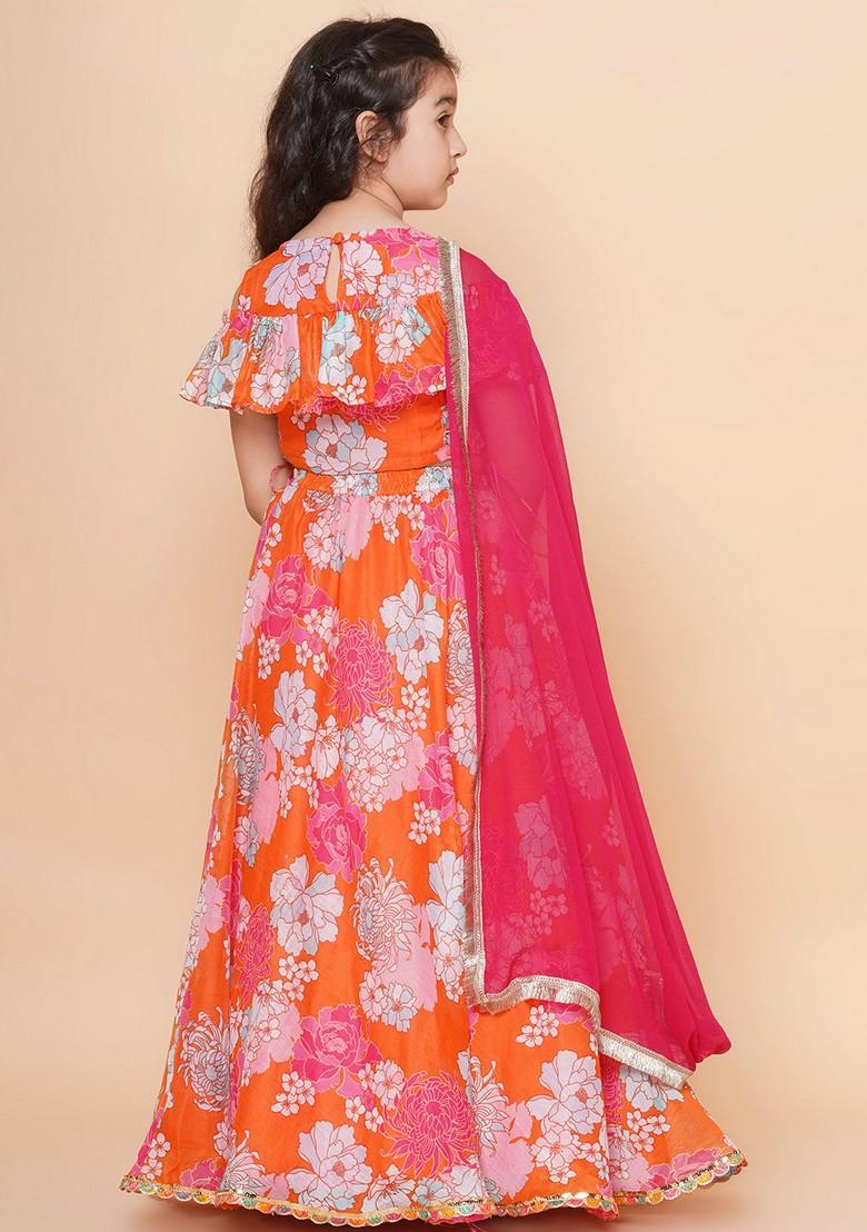 Orange Printed Lehenga With Blouse And Dupatta (Set of 3) - Indya