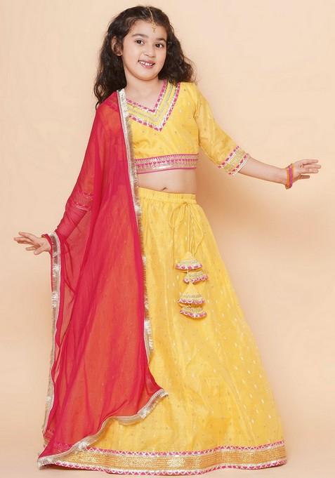 Yellow Jacquard Lehenga With Blouse And Dupatta (Set of 3)