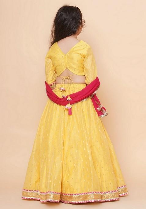 Yellow Jacquard Lehenga With Blouse And Dupatta (Set of 3)