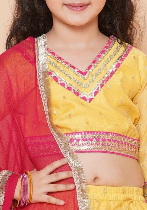 Yellow Jacquard Lehenga With Blouse And Dupatta (Set of 3)