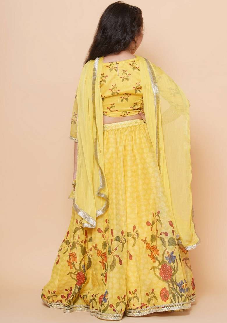 Yellow Printed Lehenga With Blouse And Dupatta (Set of 3) - Indya
