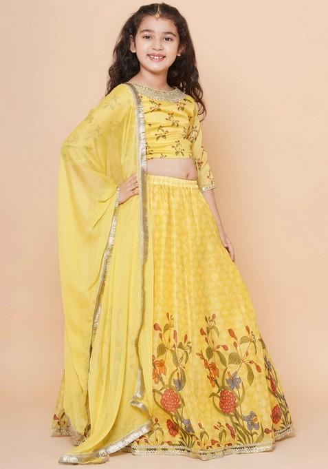 Yellow Printed Lehenga With Blouse And Dupatta (Set of 3)