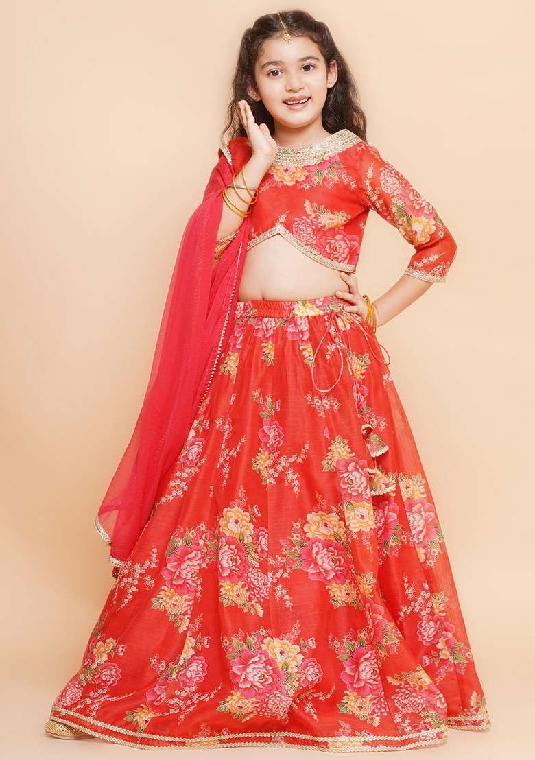 Red And Green Printed Lehenga With Blouse And Dupatta (Set of 3) - Indya