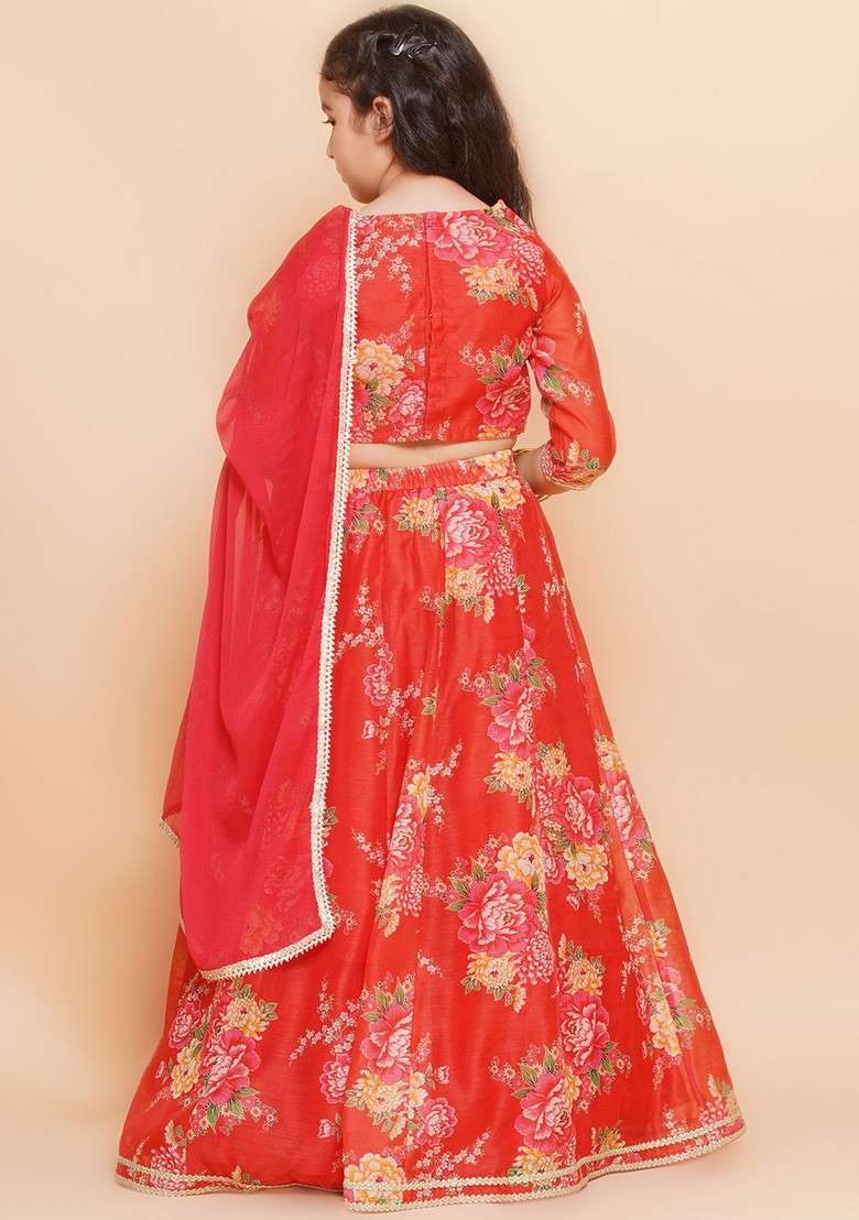 Red And Green Printed Lehenga With Blouse And Dupatta (Set of 3) - Indya