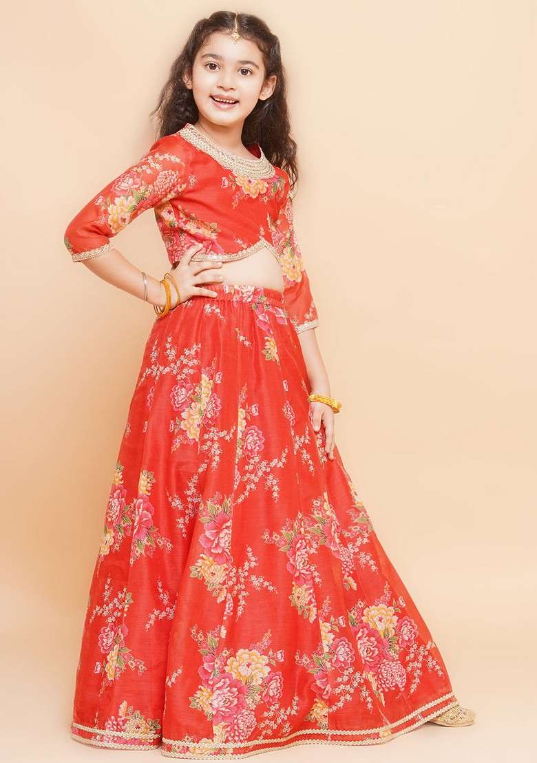 Red And Green Printed Lehenga With Blouse And Dupatta (Set of 3) - Indya