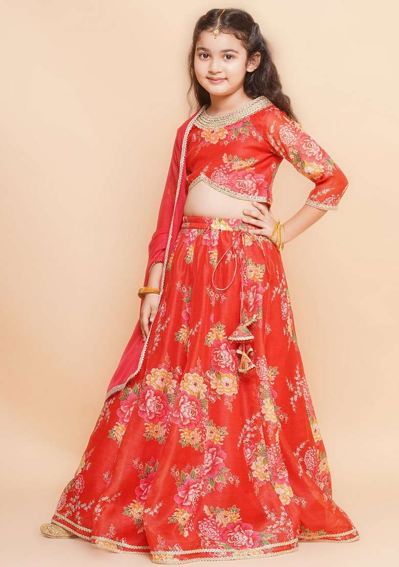 Red And Green Printed Lehenga With Blouse And Dupatta (Set of 3) - Indya