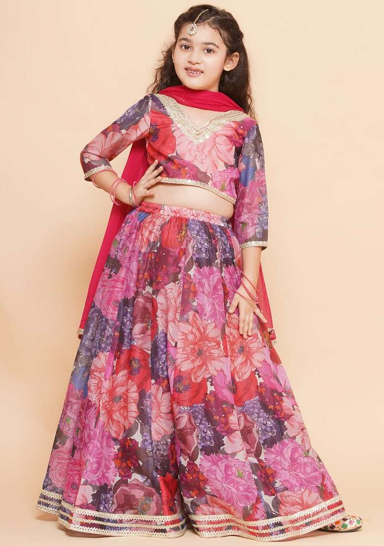 Purple And Pink Printed Lehenga With Blouse And Dupatta (Set of 3) - Indya