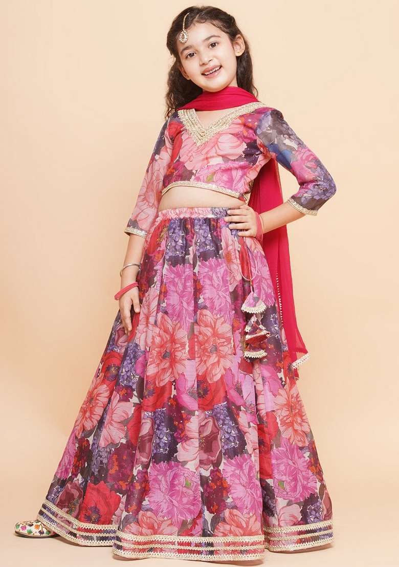 Purple And Pink Printed Lehenga With Blouse And Dupatta (Set of 3) - Indya