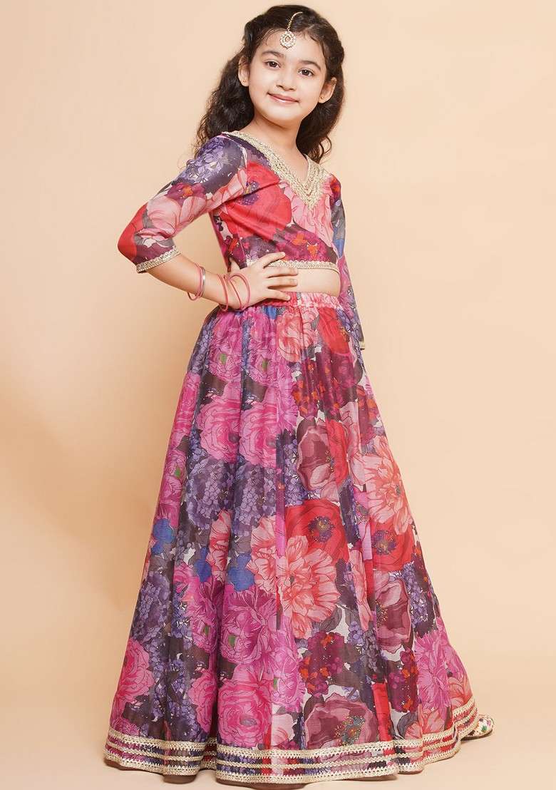 Purple And Pink Printed Lehenga With Blouse And Dupatta (Set of 3) - Indya