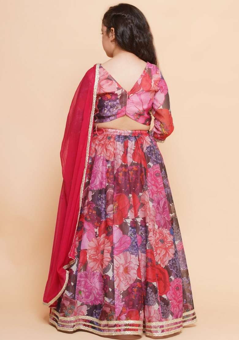 Purple And Pink Printed Lehenga With Blouse And Dupatta (Set of 3) - Indya