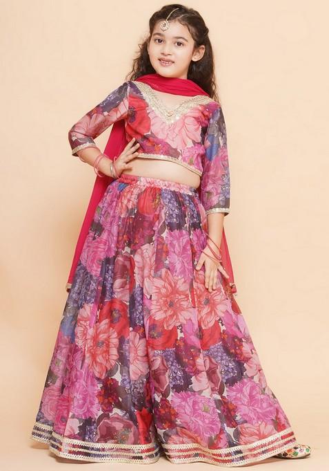 Purple And Pink Printed Lehenga With Blouse And Dupatta (Set of 3)