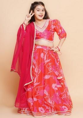 Red And Pink Printed Lehenga With Blouse And Dupatta (Set of 3)