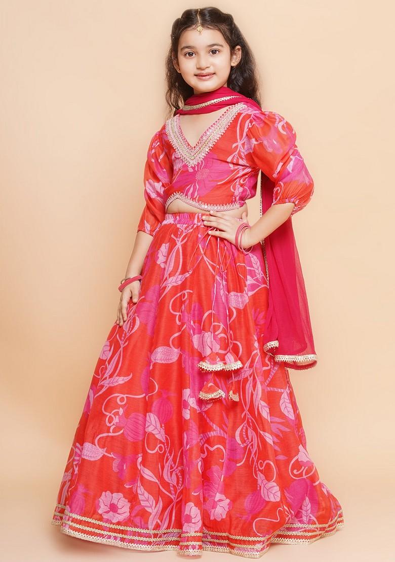 Red And Pink Printed Lehenga With Blouse And Dupatta (Set of 3)