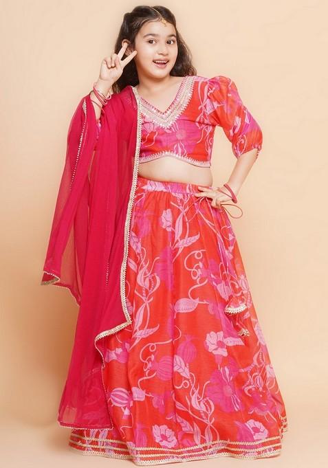 Red And Pink Printed Lehenga With Blouse And Dupatta (Set of 3)