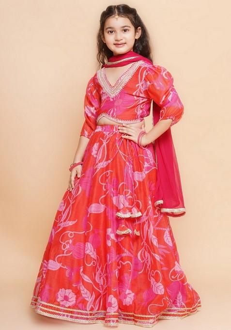 Red And Pink Printed Lehenga With Blouse And Dupatta (Set of 3)