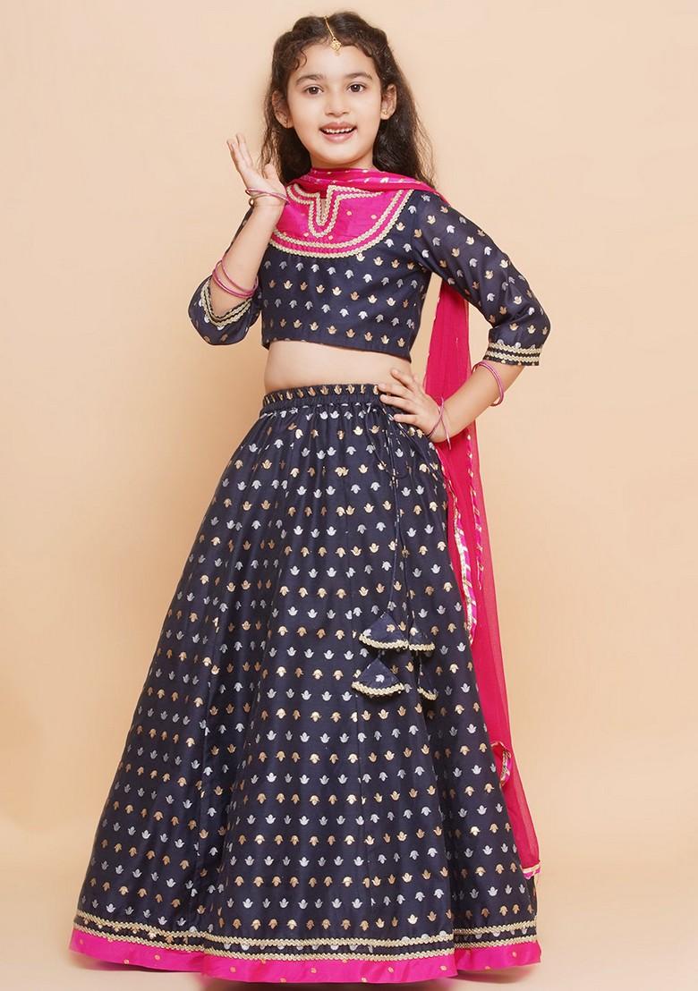 Navy Blue Jacquard Lehenga With Blouse And Dupatta (Set of 3)