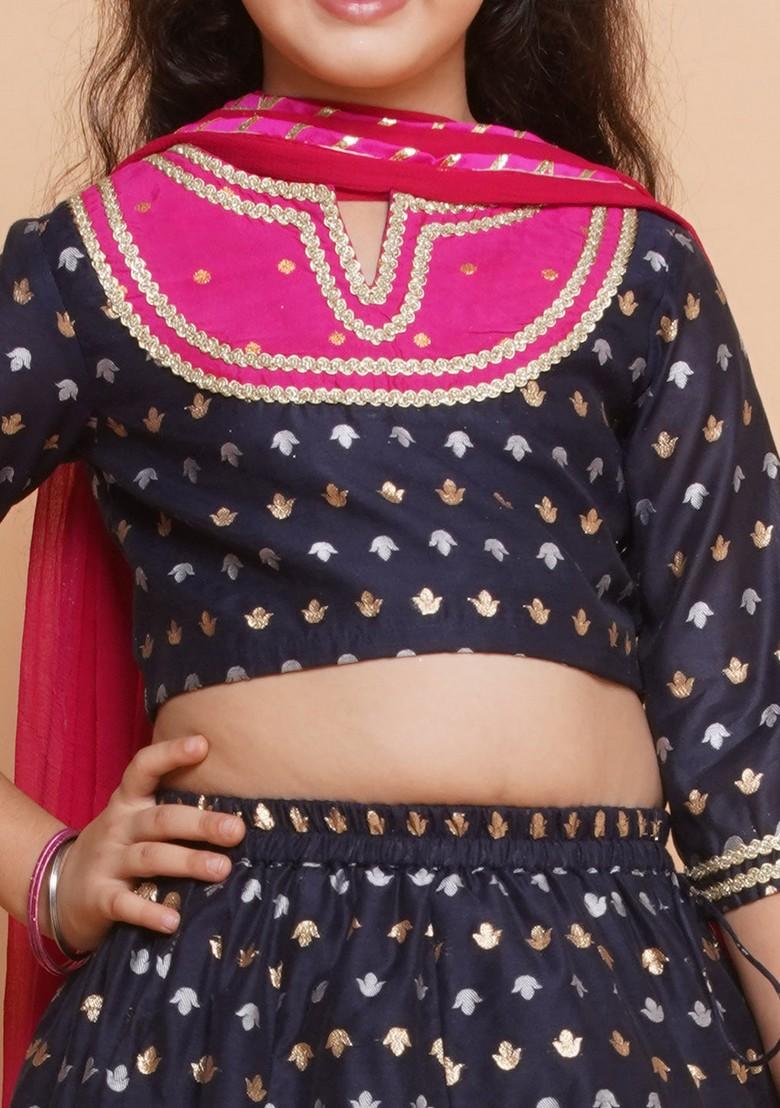 Navy Blue Jacquard Lehenga With Blouse And Dupatta (Set of 3)