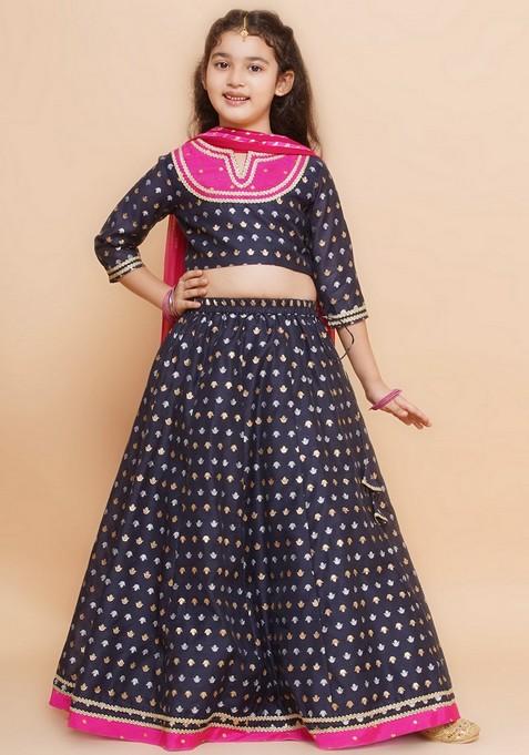 Navy Blue Jacquard Lehenga With Blouse And Dupatta (Set of 3)