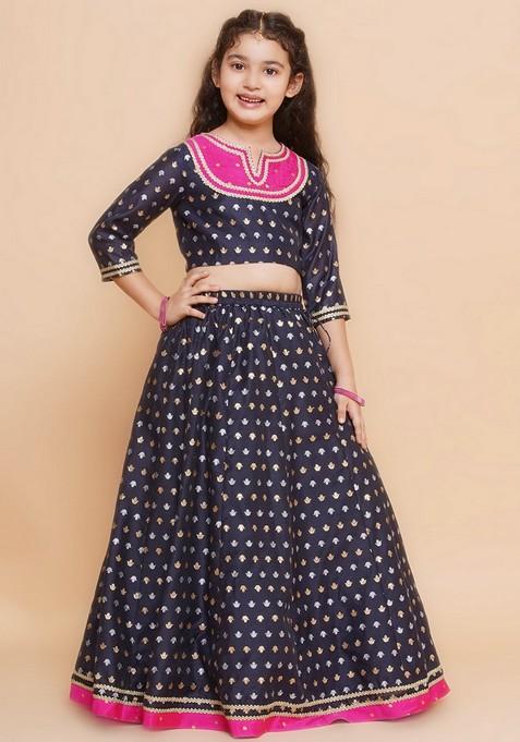 Navy Blue Jacquard Lehenga With Blouse And Dupatta (Set of 3)